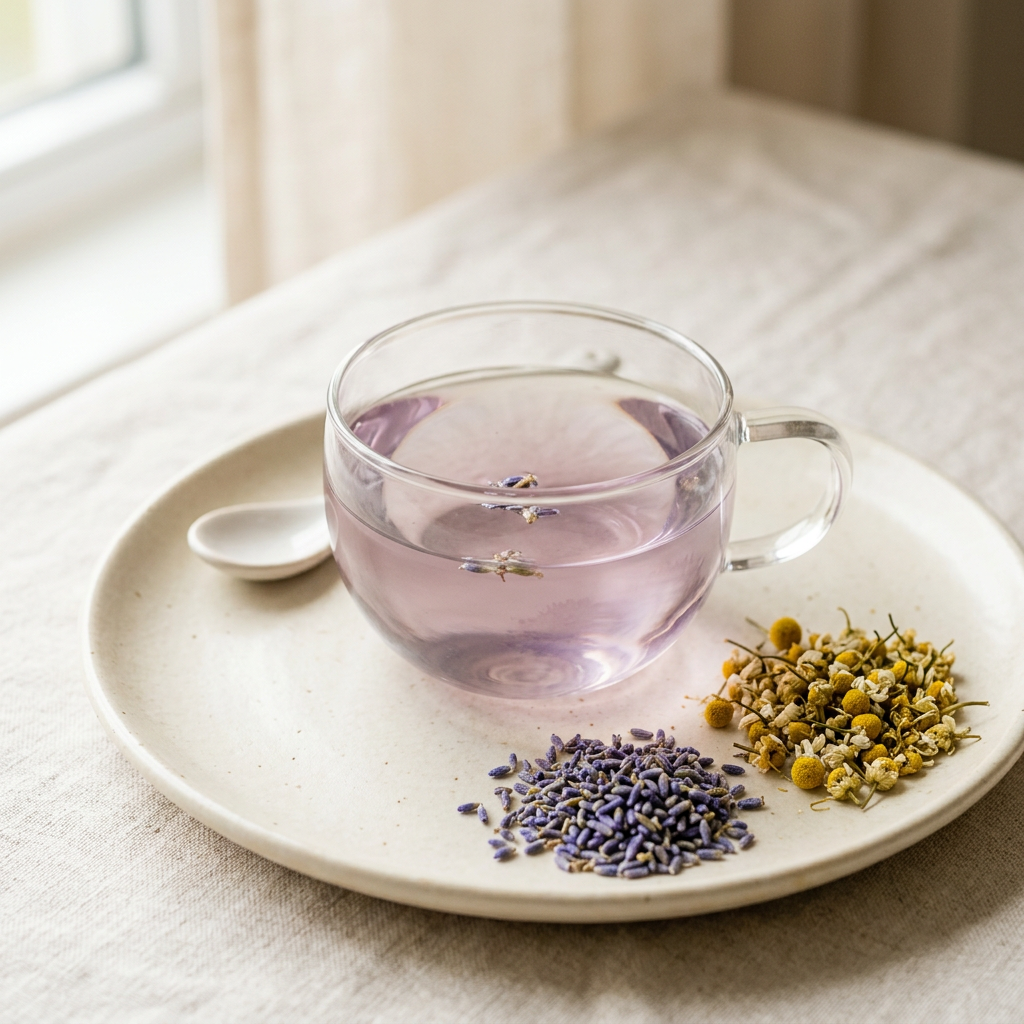 A floral cup of Calm & Restore tea