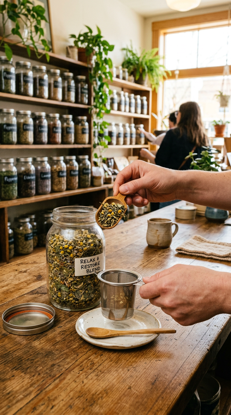 Hands scooping loose-leaf herbs into a teapot at Bee Leaf